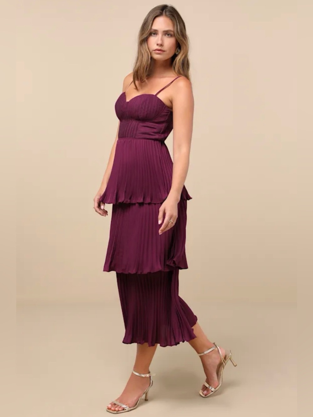 Lulus Cascading Crush Tiered Pleated Midi Dress